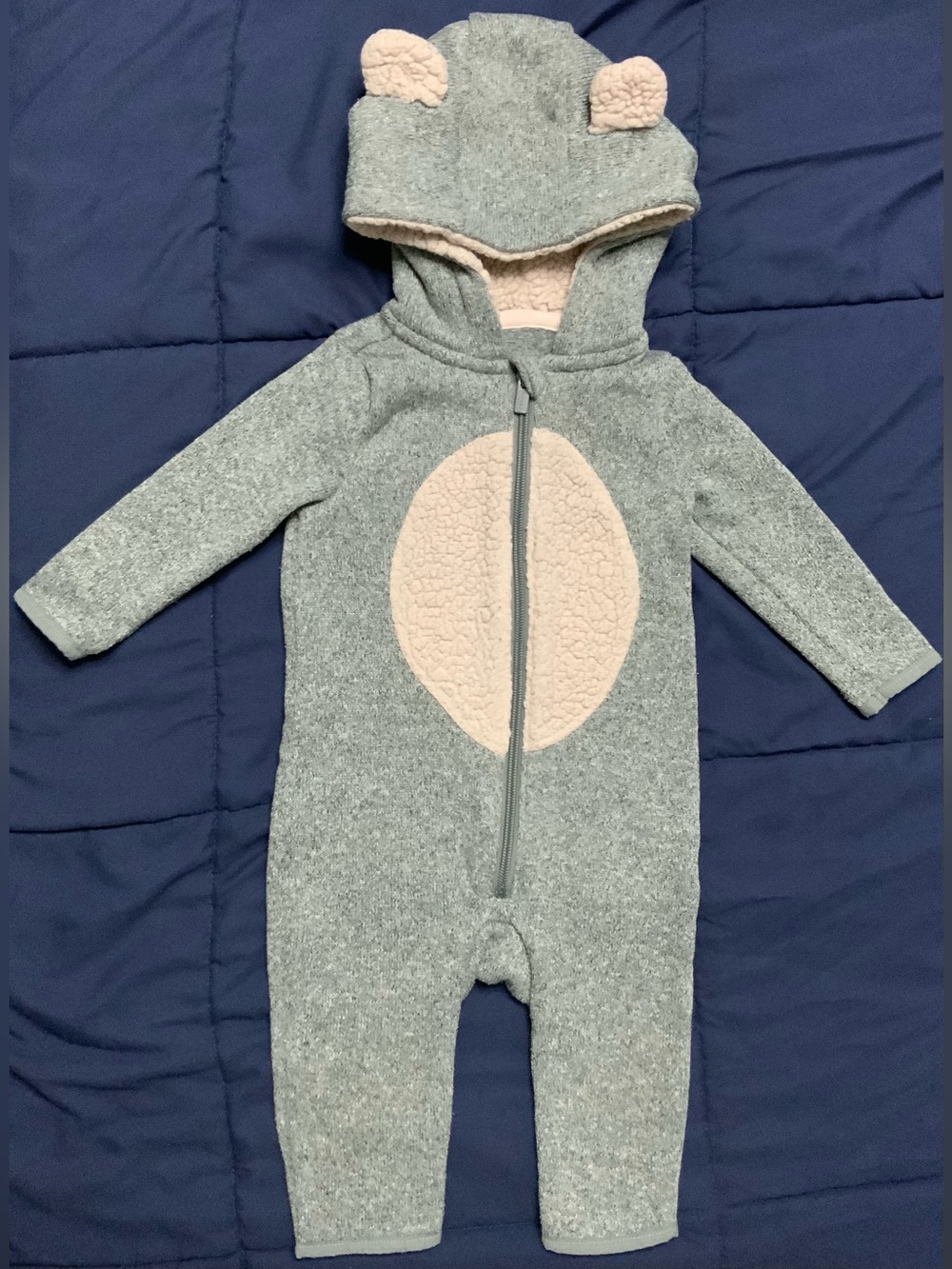 Old Navy - Gray Hooded Baby Bear Onesie w/Pink Sherpa Belly Trim n Ears 12-18M
